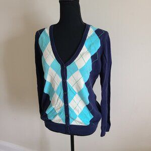 G H Bass & Co blue argyle diamond cardigan sweater women's M 100% cotton Preppy